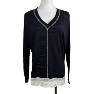 She & Sky Black Crochet Hem Oversized Blouse Size Small Long Sleeve NWT